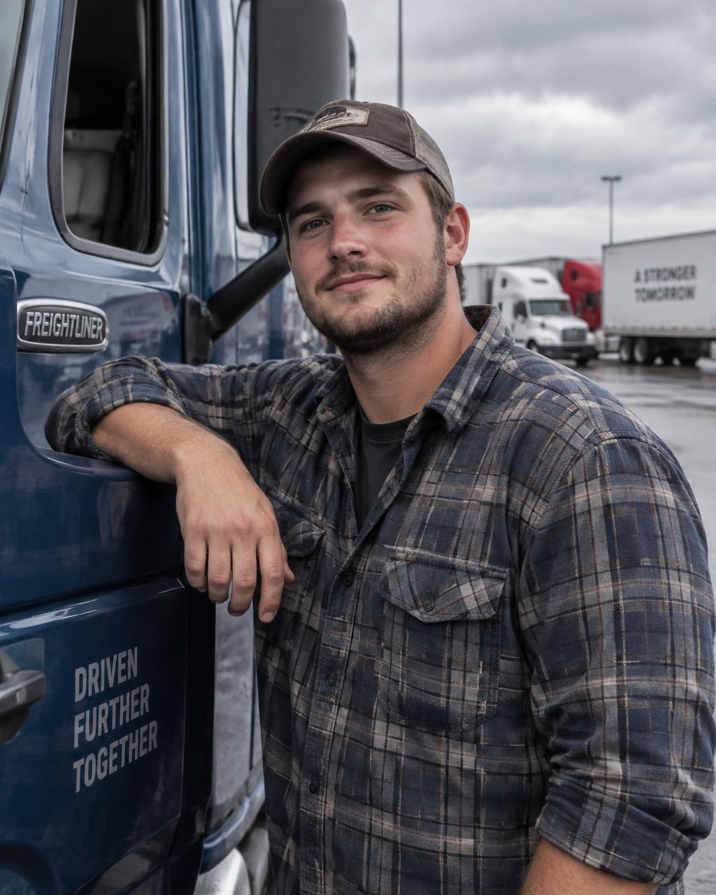 A young white truck driver at a truck stop